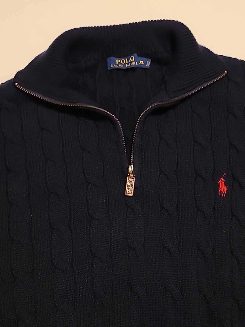 POLO Ralph Lauren Cable Knit Sweater XL, Quarter Zip, Navy, Cotton Pullover - Picture 4 of 16